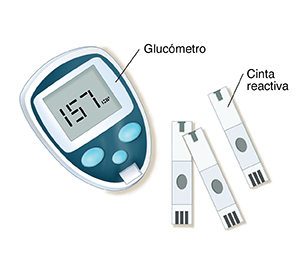 Glucómetro y tiras reactivas.